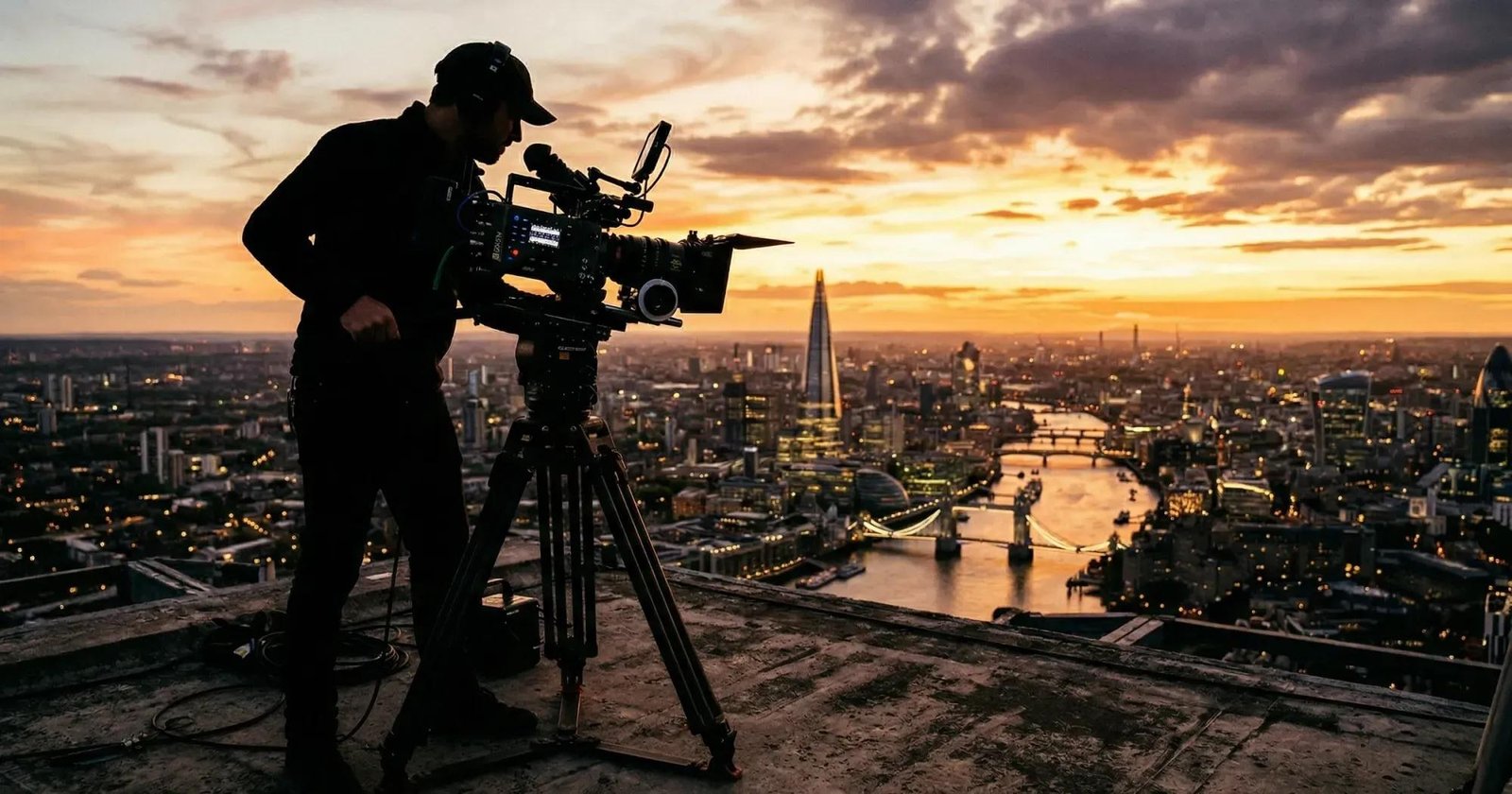 Cinematographer filming the London skyline at sunset, with the Shard and Tower Bridge